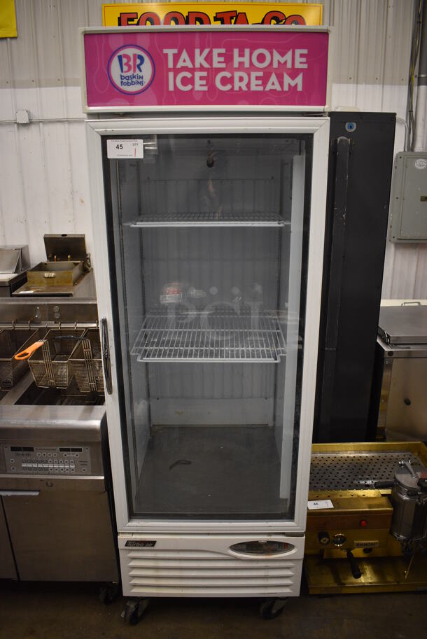 Turbo Air Model TGF-23FE Stainless Steel Commercial Single Door Reach In Freezer Merchandiser w/ Poly Coated Racks on Commercial Casters. 115 Volts, 1 Phase. 27x30x83. Tested and Working!