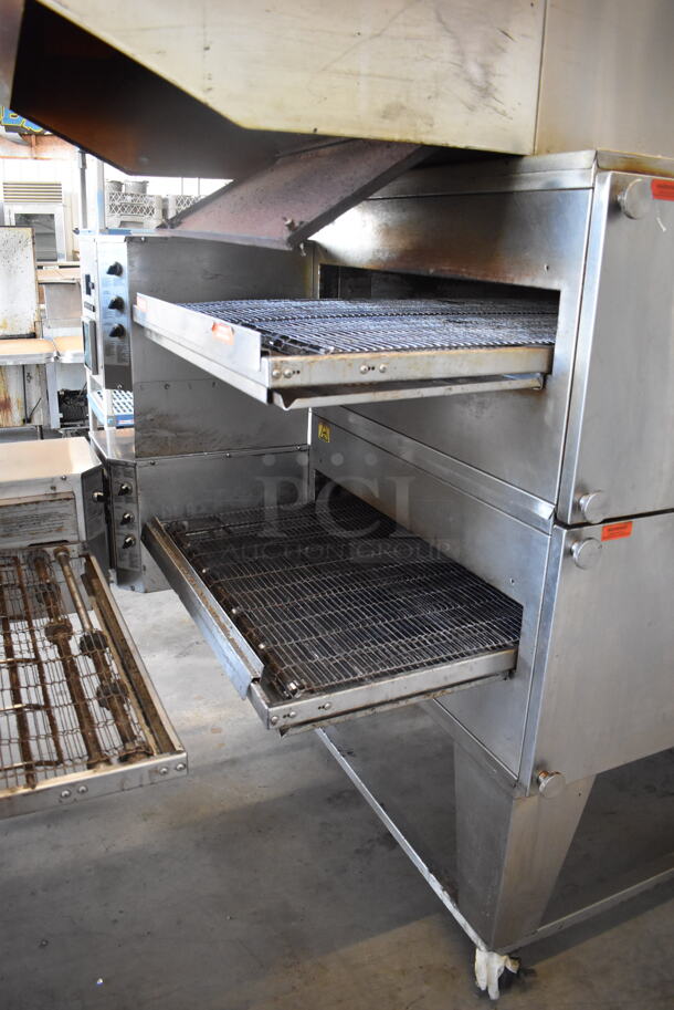 2 XLT 3270 Stainless Steel Commercial Natural Gas Powered Conveyor Pizza Oven on Commercial Casters. Comes w/ Hood / Vent. 180,000 BTU. 113x53x63, 99x37x22. 2 Times Your Bid! Picture of the Unit Before Removal Is Included In the Listing. - Image 3 of 12