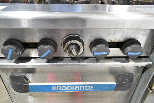Radiance Stainless Steel Commercial Gas Powered 4 Burner Range w/ Oven, Over Shelf and Back Splash.  - Image 3 of 7