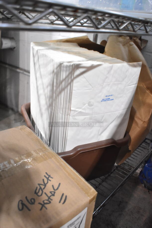 ALL ONE MONEY! Two Tier Lot of Various Items Including Black Cylindrical Bins, Clear Bin, KL11902 Carlisle Melamine Rimmed Nappie Bowl, White Paper Bags.  - Image 12 of 12