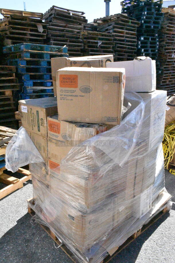 26 BRAND NEW Boxes Including 500TW5 Choice 5 oz. Translucent Thin Wall Plastic Cold Cup - 2500/Case, 485PCOLBK EcoChoice 8 1/2" Black Colossal Unwrapped Paper Straw - 1500/Case, 500TO883 Choice 8" x 8" x 3" Microwaveable 1-Compartment Black / Clear Plastic Hinged Container - 100/Case, 164CUSHMTLDW Lancaster Table &amp; Seating Distressed Driftwood Wood Seat for Metal Frame Seating, 347TCL14 Choice 14 oz. Clear Disposable Plastic Tumbler - 500/Case, 760SOUP16PAP Choice 16 oz. Double Poly-Coated Paper Soup / Hot Food Cup with Black Vented Paper Lid - 250/Case, 500CC32PH Choice HD 32 oz. Pedestal Heavy Weight Clear PET Plastic Cold Cup - 500/Case, 395RP10C EcoChoice Compostable Sugarcane / Bagasse 10" Plate 3 Compartment - 500/Case, 346WKFSNM Choice Medium Weight White Wrapped Plastic Cutlery Set with Napkin - 250/Case, 5013339 Lavex Hercules 33 Gallon 2 Mil 33" x 39" Low Density Heavy-Duty Black Can Liner / Trash Bag - 100/Case. 26 Times Your Bid!  - Image 1 of 12