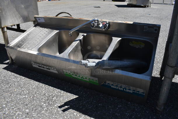 Stainless Steel Commercial 3 Bay Sink w/ Left Side Drainboard, Faucet and Handles. Comes w/ 2 Legs. 48x18x18. Legs 26