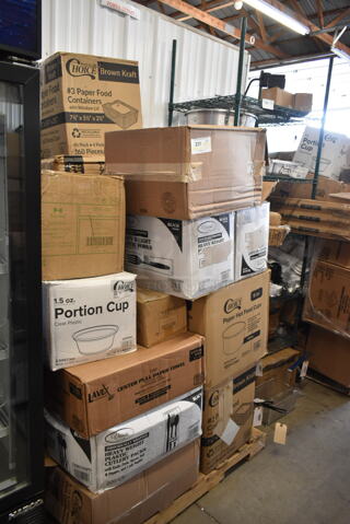 PALLET LOT of 20 BRAND NEW Boxes Including Tuxton BPM-135L 13.5 oz. Porcelain White Newport China Mug - 36/Case, Tuxton ALF-0303 Alaska 3 oz. Stackable Bright White China Espresso Cup - 36/Case, 127P150C Choice 1.5 oz. Clear Plastic Souffle Cup / Portion Cup - 2500/Case, 5002CPTENAT Lavex 2-Ply Natural Kraft Center Pull Paper Towel 510' Roll - 6/Case, 130BKFSNSPH Visions Wrapped Black Heavy Weight Cutlery Pack with Knife, Fork, Spoon, Napkin S&P  - 500/case, 2 Box 130HBKCUTFW Visions Individually Wrapped Black Heavy Weight Plastic Fork - 1000/Case, 760SOUP6WB Choice 6 oz. White Double Poly-Coated Paper Food Cup - 1000/Case, 795PTOKFTW3 Choice 8 1/2" x 6" x 2 1/2" Kraft Folded Paper #3 Take-Out Container with Window - 160/Case. 20 Times Your Bid!