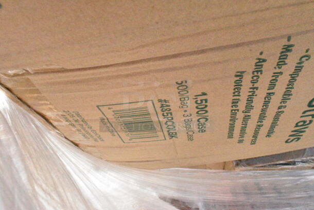 26 BRAND NEW Boxes Including 500TW5 Choice 5 oz. Translucent Thin Wall Plastic Cold Cup - 2500/Case, 485PCOLBK EcoChoice 8 1/2" Black Colossal Unwrapped Paper Straw - 1500/Case, 500TO883 Choice 8" x 8" x 3" Microwaveable 1-Compartment Black / Clear Plastic Hinged Container - 100/Case, 164CUSHMTLDW Lancaster Table &amp; Seating Distressed Driftwood Wood Seat for Metal Frame Seating, 347TCL14 Choice 14 oz. Clear Disposable Plastic Tumbler - 500/Case, 760SOUP16PAP Choice 16 oz. Double Poly-Coated Paper Soup / Hot Food Cup with Black Vented Paper Lid - 250/Case, 500CC32PH Choice HD 32 oz. Pedestal Heavy Weight Clear PET Plastic Cold Cup - 500/Case, 395RP10C EcoChoice Compostable Sugarcane / Bagasse 10" Plate 3 Compartment - 500/Case, 346WKFSNM Choice Medium Weight White Wrapped Plastic Cutlery Set with Napkin - 250/Case, 5013339 Lavex Hercules 33 Gallon 2 Mil 33" x 39" Low Density Heavy-Duty Black Can Liner / Trash Bag - 100/Case. 26 Times Your Bid!  - Image 5 of 12