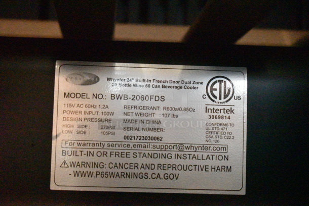 BRAND NEW SCRATCH AND DENT! Whynter BWB-2060FDS 24" Built-In French Door Dual Zone 20 Bottle Wine 60 Can Beverage Cooler Merchandiser. 115 Volts, 1 Phase. Tested and Working! - Image 7 of 7
