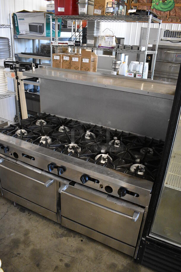 Garland SunFire Stainless Steel Commercial Natural Gas Powered 10 Burner Range w/ 2 Ovens, Over Shelf and Back Splash on Commercial Casters. 59x34x56 - Image 2 of 6