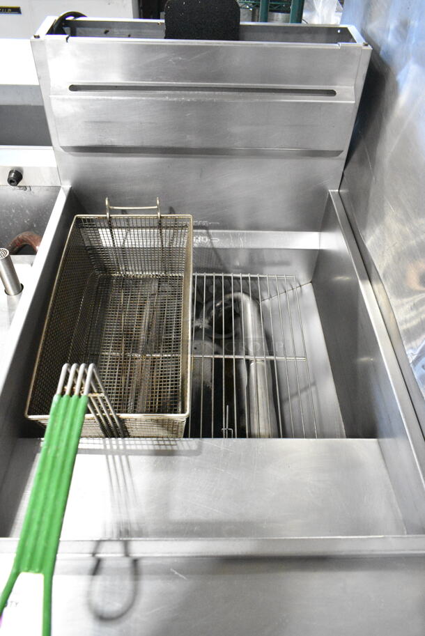Vulcan 1TR85C Stainless Steel Commercial Floor Style Natural Gas Powered 90 Pound Deep Fat Fryer w/ 1 Metal Fry Basket on Commercial Casters. 90,000 BTU.  - Image 5 of 8