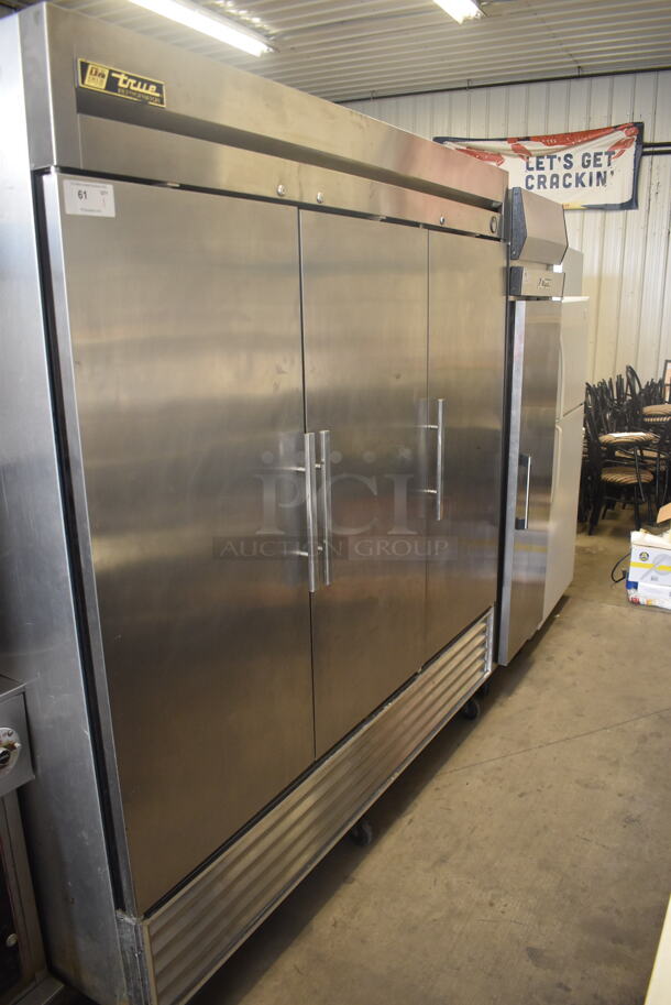 True T-72 3 Door Stainless Steel Cooler w/ Shelves On Commercial Casters. 115 Volt 1 Phase. Tested and Working!