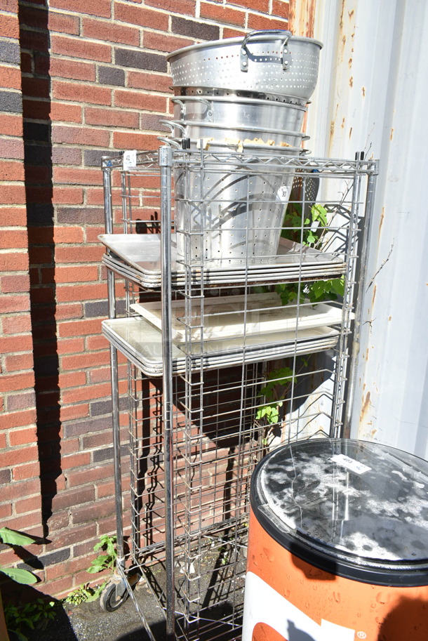 Metal Pan Transport Rack on Commercial Casters w/ Contents Including Colander and Metal Baking Pans.  - Image 1 of 4