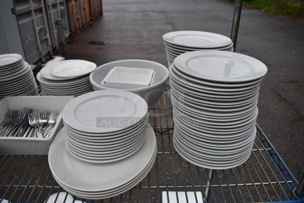 ALL ONE MONEY! Lot of 4 Tiers of Various Smallwares Including White Ceramic Dishes, 3 Tier Stand. Does Not Include Shelving Unit - Image 4 of 8
