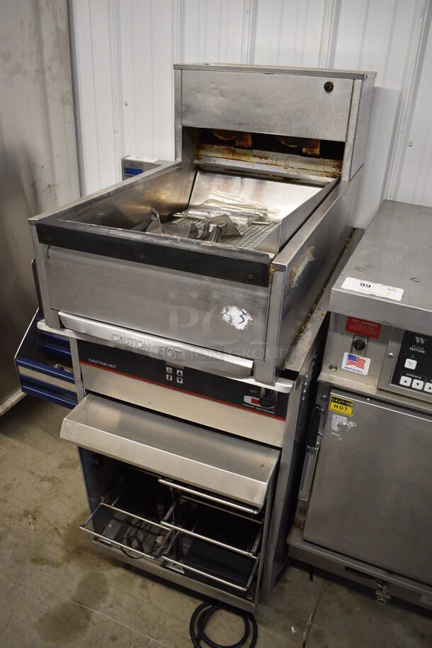 Carter Hoffmann Stainless Steel Crisp N Hold Dumping Station w/ Lower Warming Unit and Fry Scoop on Commercial Casters. Warming Drawer: 120 Volts, 1 Phase. Dumping Station: 208 Volts, 1 Phase. 19.5x34x48.5. Warming Unit Is Tested and Working! - Image 2 of 8