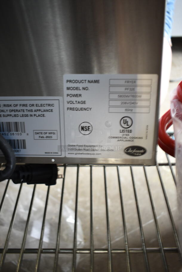 BRAND NEW SCRATCH AND DENT! 2023 Globe PF32E Stainless Steel 32 lb. Dual Tank Electric Countertop Fryer w/ 2 Metal Fry Baskets. 208/240 Volts, 1 Phase.  - Image 6 of 6