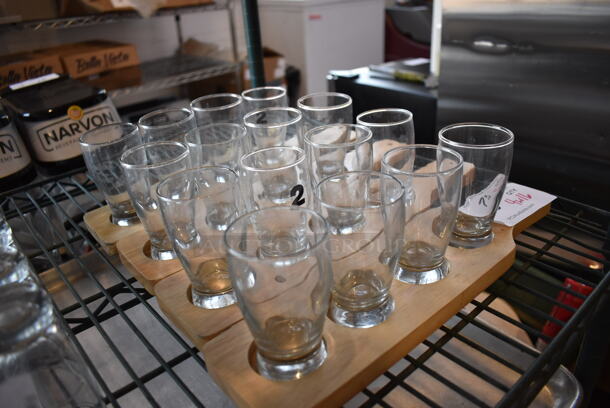 4 Wooden Flight Boards w/ 4 Glasses Each. 14x3.5x1, 2.25x2.25x4. 4 Times Your Bid! - Image 2 of 3