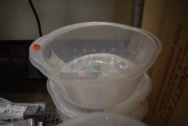 6 BRAND NEW! Clear Poly Two Piece Bowl and Strainer Sets. 10x9x4. 6 Times Your Bid!