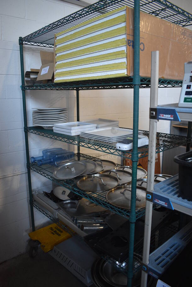 ALL ONE MONEY! Metro Lot of 5 Tiers of Various Items Including White Ceramic Plates, 10 Metal Lids, 2 Blue Poly Rapid Cool Bottles and Knife Holder. Does Not Include Metro Shelving Unit