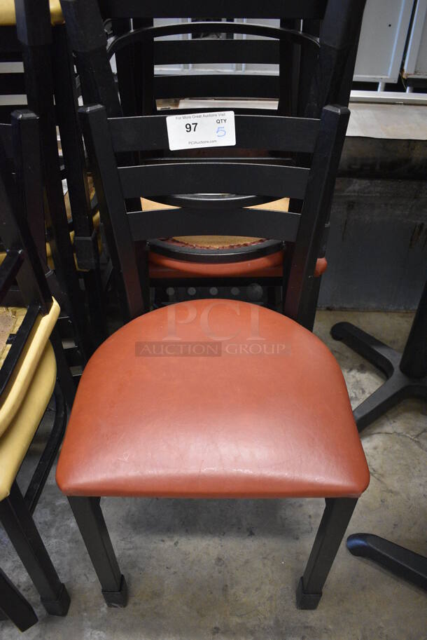 5 Black Metal Dining Height Chairs w/ Red Seat Cushions. 17x16x32. 5 Times Your Bid!