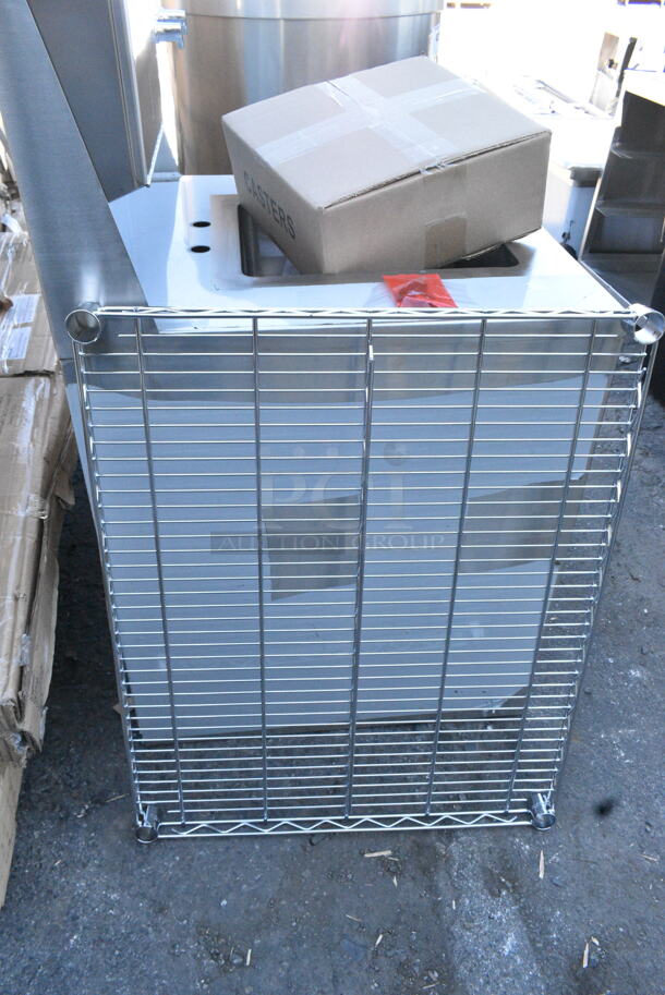 4 BRAND NEW SCRATCH AND DENT! Wire Shelves, 164TS1000 Lancaster Table & Seating 10" Cast Iron Table Base Spider, 109APR1820L Regency 20 Pan End Load Bun / Sheet Pan Rack with Non-Marking Casters - Unassembled. 4 Times Your Bid! May Be Missing Pieces.   - Image 4 of 8