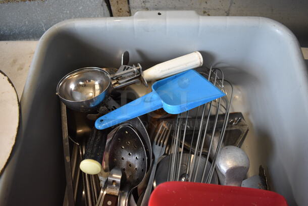 ALL ONE MONEY! Lot of Various Utensils Including Whisk, Serving Spoons in Gray Poly Bus Bin!  - Image 2 of 4
