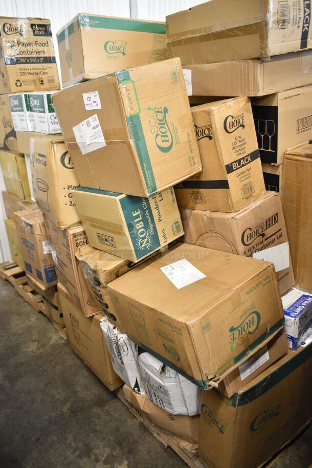 PALLET LOT of 35 BRAND NEW Boxes Including 2 Box 395TO991 EcoChoice 9" x 9" x 3" Compostable Sugarcane / Bagasse 1 Compartment Take-Out Box - 200/Case, 2 Box 395TO993 EcoChoice 9" x 9" x 3" Compostable Sugarcane / Bagasse 3 Compartment Takeout Container - 200/Case, Choice Portion Cup, 2 Box 394365L Noble Large Gloves, Choice 100260CH00260CH Take Out Containers, Dart 80HT1R 8" x 7 1/2" x 2" White Foam Square Take Out Container with Hinged Lid - 200/Case, 17622STPNLCL Choice 22 oz. Clear SAN Plastic Paneled Tumbler - 12/Pack, Choice 4 oz Portion Cups, 129MCR24B Choice 24 oz. Black Round Microwavable Heavy Weight Container with Lid 7 1/4" - 150/Case, 2454/97 Chardonnay Glasses, 129MCR32B Choice 32 oz. Black Round Microwavable Heavy Weight Container with Lid 7 1/4" - 150/Case, Visions Black Plastic Tray, Choice Cling Film, 395TO991 EcoChoice 9" x 9" x 3" Compostable Sugarcane / Bagasse 1 Compartment Take-Out Box - 200/Case, 2 Box 130BGKFSNSPH Visions Heavy Weight Beige Wrapped Plastic Cutlery Pack with Napkin and Salt and Pepper Packets - 500/Case, Ceiling Mount Heat Lamp. 35 Times Your Bid! - Image 1 of 12
