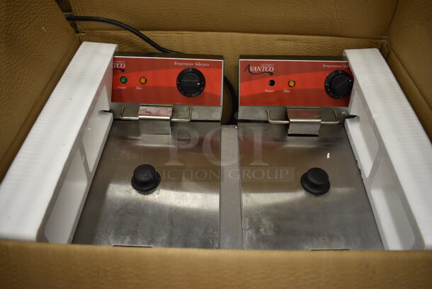 IN ORIGINAL BOX! Avantco 177F102 Stainless Steel Commercial Countertop Electric Powered 2 Bay Fryer w/ 2 Metal Baskets and 2 Lids. 23x16x12 - Image 1 of 6