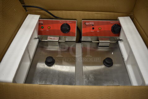 IN ORIGINAL BOX! Avantco 177F102 Stainless Steel Commercial Countertop Electric Powered 2 Bay Fryer w/ 2 Metal Baskets and 2 Lids. 23x16x12