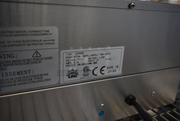 BRAND NEW SCRATCH AND DENT! 2022 Carnival King 382WCM2 Stainless Steel Commercial Countertop Double Waffle Cone Maker. 120 Volts, 1 Phase. Tested and Working! - Image 6 of 6