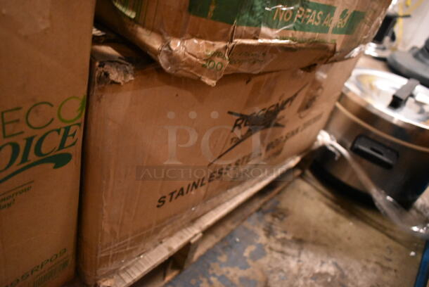 PALLET LOT of 30 BRAND NEW Boxes Including 600TWMS1648 16" x 48" Stainless Steel Tubular Wall Mounted Shelf, 500CC9 Choice 9 oz. Clear PET Customizable Plastic Squat Cold Cup - 1000/Case, 500TO883 Choice 8" x 8" x 3" Microwaveable 1-Compartment Black / Clear Plastic Hinged Container - 100/Case, CHoice 12 oz Deli Container, 12 oz Foam Bowls, 5013339XXH Lavex Pro 33 Gallon 2.5 Mil 33" x 39" Low Density Heavy-Duty Industrial Contractor Black Trash Bag Can Liner - 100/Case, 395RP09 EcoChoice Compostable Sugarcane / Bagasse 9" Plate - 500/Case, 127CH32F Choice 32 oz. Clear RPET Tall Hinged Deli Container with Domed Lid - 200/Case, Choice 8 Quart Full Size Folding Chafer. 30 Times Your Bid! - Image 11 of 12