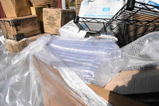 20 BRAND NEW Boxes Including 966UPWIDEB OneUp by Choice White 2-Ply Wide Interfold 6 1/2" x 8 1/2" Dispenser Napkin - 6000/Case, 433NHT108 Choice 1/6 Standard Size White "Happy Face" Heavy-Duty Plastic T-Shirt Bag - 500/Case, 2 Box 130WSPOON Choice Medium Weight White Plastic Teaspoon - 1000/Case, Dart C57PST1 ClearSeal Hinged Lid Plastic Container 6" x 5 13/16" x 3", 5002DNAP Choice White 2-Ply Dinner Napkin 17" x 15". 20 Times Your Bid!  - Image 12 of 12