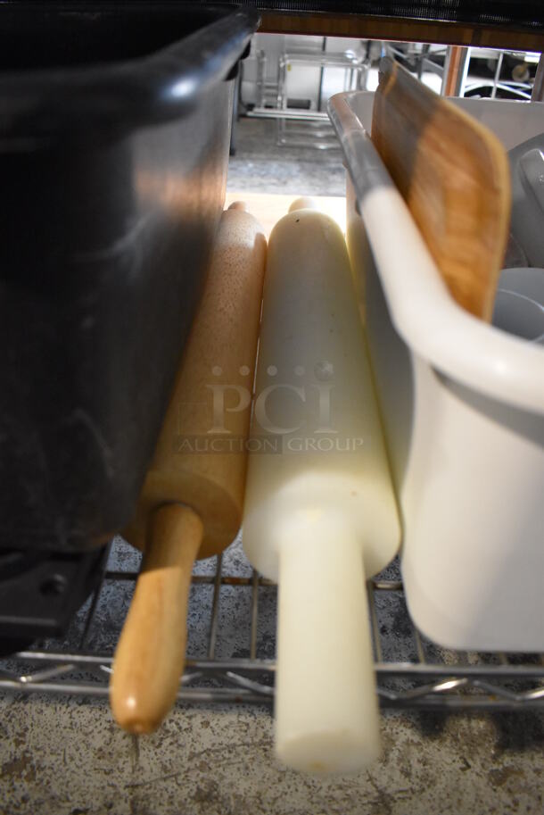 ALL ONE MONEY! Lot of Chrome Finish 5 Tier Shelving Unit on Commercial Casters w/ Contents Including Poly Beverage Tumblers, Coffee Urns, Mesh Baskets, Bus Bins, Utensils and Ceramic Mugs. BUYER MUST DISMANTLE. PCI CANNOT DISMANTLE FOR SHIPPING. PLEASE CONSIDER FREIGHT CHARGES. 48x18x75 - Image 6 of 12