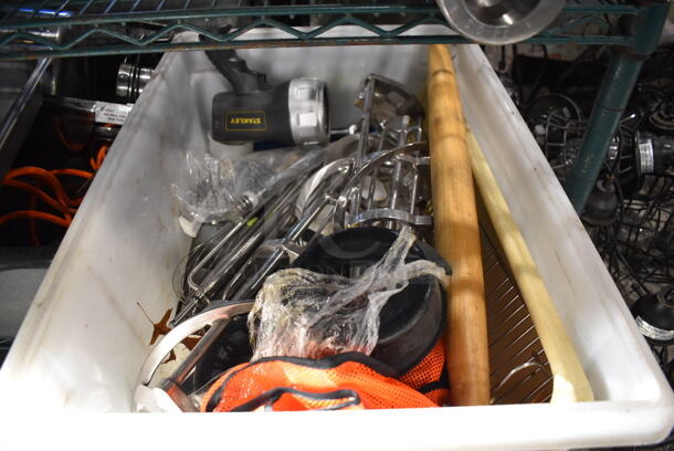 ALL ONE MONEY! Lot of Various Items Including Metal Ice Cream Machine Parts Including Auger and Drip Tray in White Poly Bin - Image 1 of 6