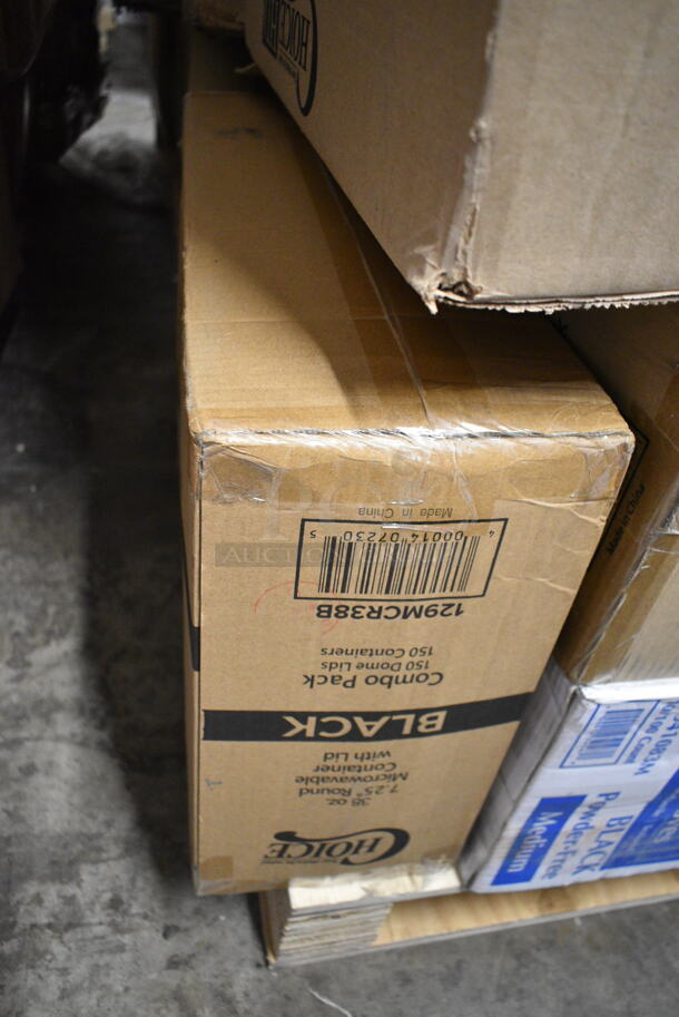 PALLET LOT of 40 BRAND NEW Boxes Including 66TALLFLDB 6" x 13" Dispenser Napkin, 394385L Disposable Latex Gloves for Foodservice, 129MCR38B Choice 38 oz. Black Round Microwavable Heavy Weight Container with Lid - 150/Case, 760IC08B Choice 8 oz. Blue Paper Frozen Yogurt / Food Cup - 1000/Case, 32130.0000 Air Pot, 2 Box 129MCS24B Choice 24 oz. Black Rectangular Microwavable Heavy Weight Container with Lid 8" x 5 1/4" x 2" - 150/Case, Choice 2 oz Portion Cup, 2 Box 3941083M Lavex Medium Gloves, 612LOB225LBC Choice 2.25 lb. Oblong Foil Take-Out Container with Board Lid - 250/Case, 4 Box 130SVSPN600 Visions 6 1/4" Flared Heavy Weight Silver Plastic Spoon - 600/Case, 130WSPOONWP White Spoon, Enjay White Embossed, 2 Box 129MCR38B Choice 38 oz. Black Round Microwavable Heavy Weight Container with Lid - 150/Case, 3 Box WTSB33 American Metalcraft WTSB33 31" Black Wood Folding Tray Stand with Black Straps, Enjay 10" White Embossed Plates, 500CC9 Choice 9 oz. Clear PET Customizable Plastic Squat Cold Cup - 1000/Case. 40 Times Your Bid! - Image 3 of 12
