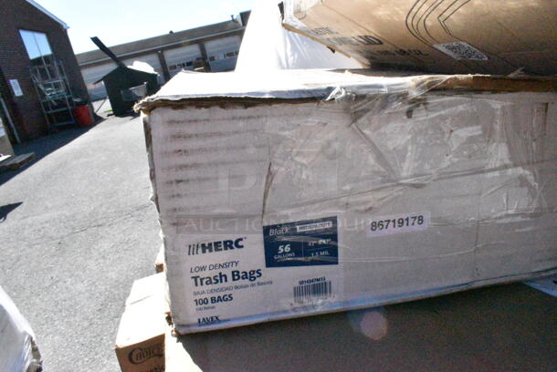 20 BRAND NEW Boxes Including 130SCB048DL Visions Clear PET Plastic Dome Lid for 24, 32, and 48 oz. Square Bowls - 300/Case, Herc 5014347M15 Lavex Li'l Herc 56 Gallon 1.5 Mil 43" x 47" Low Density Medium-Duty Black Can Liner / Trash Bag - 100/Case, 5001RT350N Lavex Natural Kraft Hardwound Paper Towel, 350 Feet / Roll - 12/Case, 3 Box 395RP09 EcoChoice Compostable Sugarcane / Bagasse 9" Plate - 500/Case, 433NHT101 Choice 1/6 Standard Size White "Thank You" Medium-Duty Plastic T-Shirt Bag - 1000/Case, 3 Box 760SOUP16WB Choice 16 oz. White Double Poly-Coated Paper Food Cup - 500/Case, Dart 16MJ20 16 oz. Medium Squat White Customizable Foam Food Container, 500TW5 Choice 5 oz. Translucent Thin Wall Plastic Cold Cup - 2500/Case. 20 Times Your Bid!  - Image 3 of 12