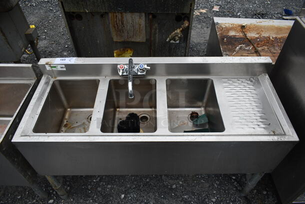 Stainless Steel Commercial 3 Bay Back Bar Sink w/ Right Side Drain Board, Faucet and Handles. Bays 10x14. Drain Boards 10x15 - Image 2 of 6