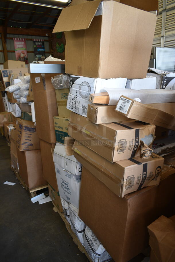 PALLET LOT of 34 BRAND NEW Boxes Including 2 Box 129MCR24B Choice 24 oz. Black Round Microwavable Heavy Weight Container with Lid 7 1/4" - 150/Case, Banquet Roll 40'x300', 3 Box 347RPBD10WHS Visions 10" White Plastic Plate with Silver Bands - 120/Case, 500TSCOVER Lavex Half Fold Paper Toilet Seat Cover - 5000/Case, 394385L Noble Products White Powder-Free Disposable Latex Gloves for Foodservice - Large - 1000/Case, 395TO991 EcoChoice 9" x 9" x 3" Compostable Sugarcane / Bagasse 1 Compartment Take-Out Box - 200/Case, Choice Foil Steam Table Pans. 34 Times Your Bid! - Image 1 of 12