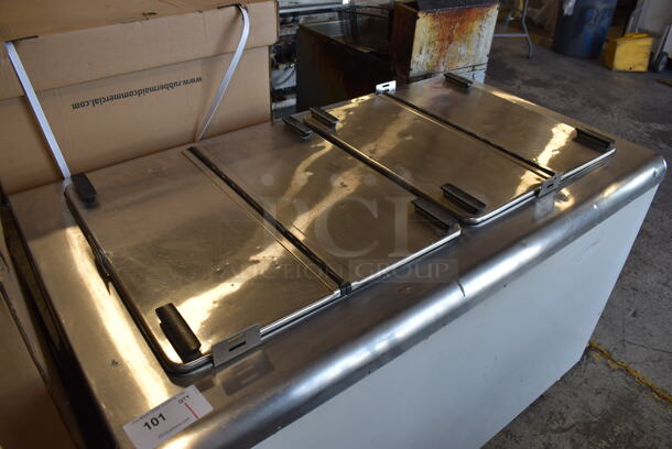Metal Commercial Chest Freezer w/ 2 Center Hinge Lids on Commercial Casters. 54x31x38. Tested and Powers On But Does Not Get Cold - Image 3 of 7