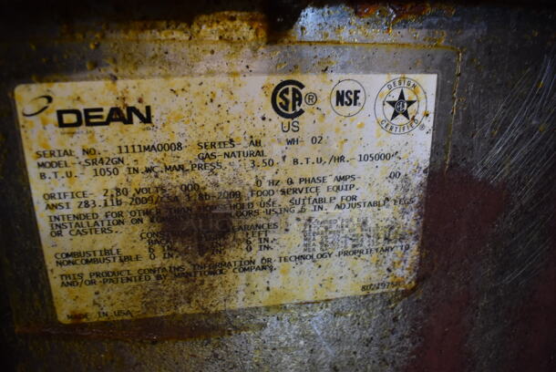 2011 Dean SR42GN Stainless Steel Commercial Floor Style Natural Gas Powered Deep Fat Fryer w/ Side Splash Guard on Commercial Casters. 105,000 BTU. 16x30x46 - Image 7 of 7
