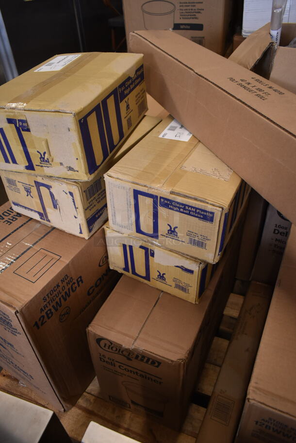 PALLET LOT of 15 BRAND NEW Boxes Including 4 Box H-9-CL High Ball Glasses, Dart 12BWWCR Concorde 10-12 oz. White Non-Laminated Round Foam Bowl - 1000/Case, GET H-9-1-SAN-CL Cheers 9 oz. Customizable Clear SAN Plastic Highball Glass - 24/Case, Choice 16 oz Deli Container, M-4010 100' Banquet Roll, 500PTCRLLWH Choice 40" x 100' White Plastic Table Cover Roll - 4/Case, 128HD24COMBO  ChoiceHD 24 oz. Microwavable Translucent Plastic Deli Container and Lid Combo Pack - 240/Case, 433PANPAL2 Baker's Lane PanPal Non-Stick Reusable Full Size Pan Liner - 2/Pack, Vollrath 68291 Wear-Ever 40 Qt. Replacement Boiler / Fryer Basket for 68270. 15 Times Your Bid! - Image 4 of 12