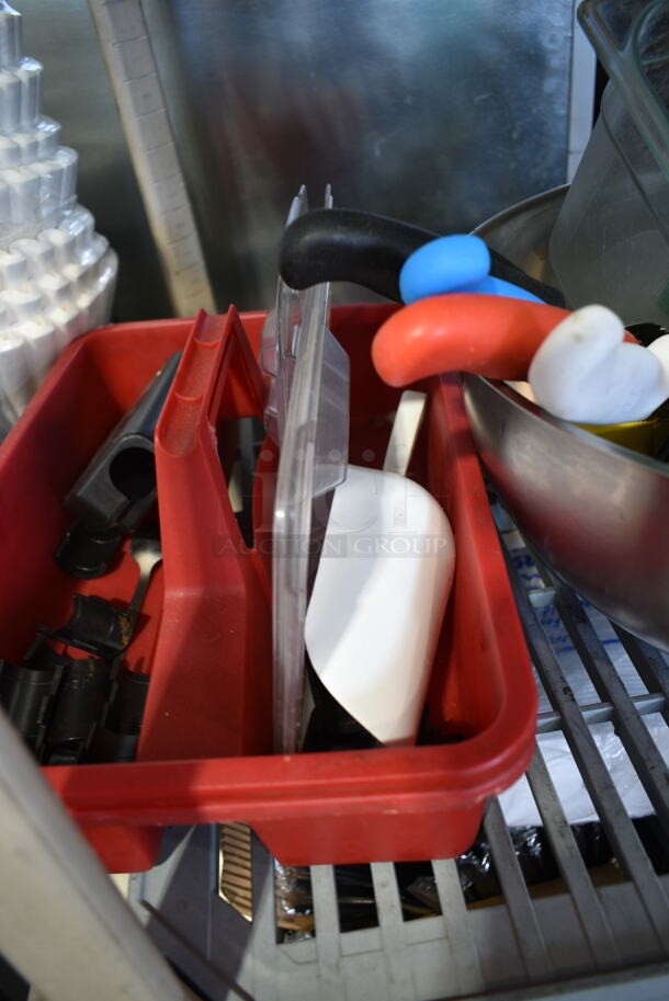 ALL ONE MONEY! Lot of Various Items Including Metal Bowls, Knives, Red Poly Bucket, Knockbox.  - Image 3 of 8