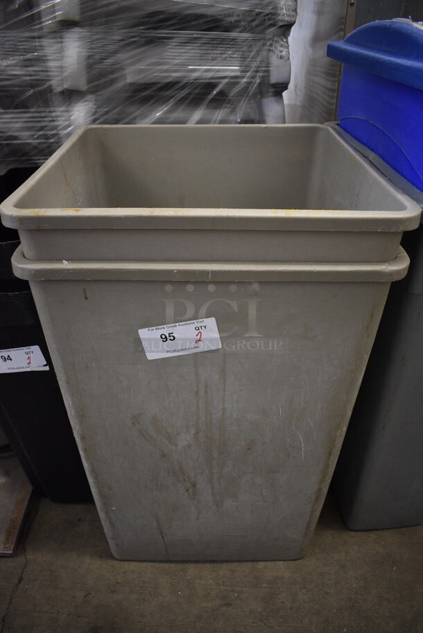 2 Gray Poly Trash Cans. 19.5x19.5x27.5. 2 Times Your Bid!