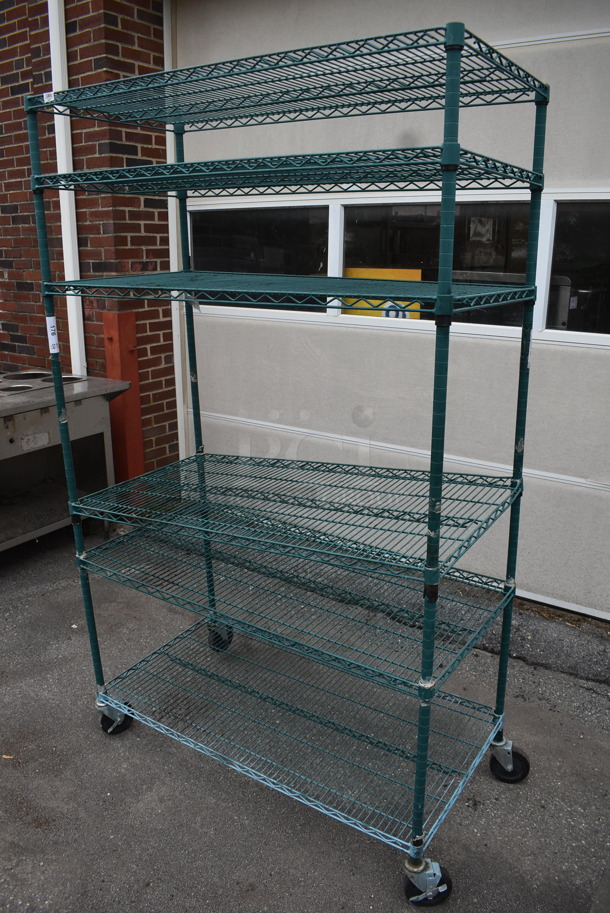 Wire Shelving Unit With 5 Polycoated Shelves In Green on Commercial Casters.  - Image 3 of 5