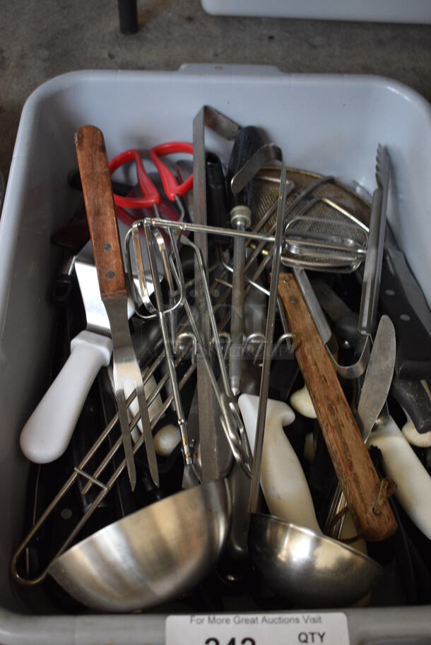 ALL ONE MONEY! Lot of Various Utensils Including Ladles and Knives in Gray Poly Bus Bin