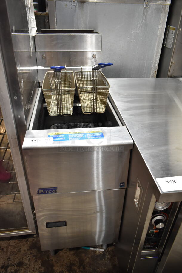 2018 Pitco Frialator SG14 Stainless Steel Commercial Floor Style Natural Gas Powered Deep Fat Fryer w/ 2 Metal Fry Baskets. 110,000 BTU.  - Image 1 of 5