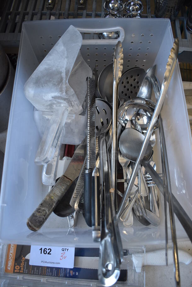 ALL ONE MONEY! Lot of Various Utensils Including Zester, Tongs and Serving Spoons in Clear Poly Bin!