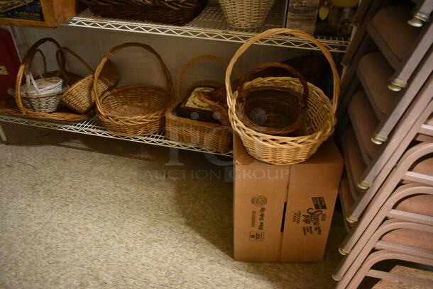White Finish 3 Tier Wire Shelving Unit w/ Contents Including Baskets. BUYER MUST REMOVE: BUYER MUST DISMANTLE. PCI CANNOT DISMANTLE FOR SHIPPING. PLEASE CONSIDER FREIGHT CHARGES. (hallway)
 - Image 2 of 4