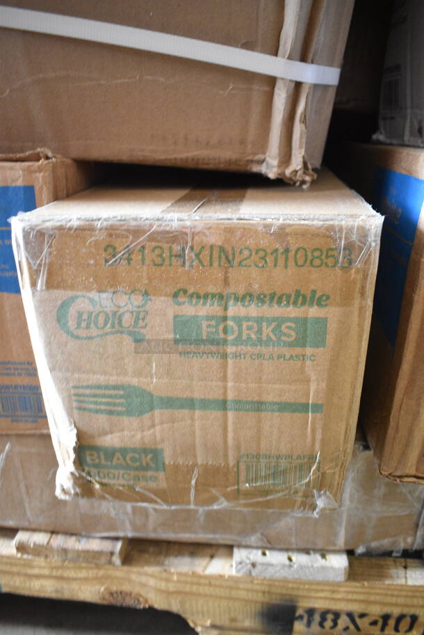 PALLET LOT of 35 BRAND NEW Boxes Including 750IC06B Choice 6 oz. Blue Paper Frozen Yogurt / Food Cup - 1000/Case, PP883 Ivory Containers, 966TALLFLDB Choice White Tall-Fold 6" x 13" Dispenser Napkin - 8000/Case, 2 Box 5001RT800B Lavex 8" White Hardwound Paper Towel, 800 Feet / Roll - 6/Case, 130BHWPLAFR EcoChoice Heavy Weight 6 1/2" Black CPLA Plastic Fork - 1000/Case, 500CFT Lavex White C-Fold Standard Weight Towel - 2400/Case, 43208500 Choice Black Beverage Napkins, 500LFLAT Choice Clear Flat Lid with Straw Slot - 9, 12, 16, 20, and 24 oz. - 1000/Case, 5001RT350B Lavex White Hardwound Paper Towel, 350 Feet / Roll - 12/Case, 795PTOKFT3 Choice Kraft Microwavable Folded Paper #3 Take-Out Container 7 3/4" x 5 1/2" x 2 1/2" - 200/Case, Elkay EZWSR Zurn Elkay ezH20 EZWSR Stainless Steel Non-Filtered Bottle Filling Station - Non-Refrigerated, 347RP9WHSS Visions Wave 9" White Plastic Plate - 180/Case. 35 Times Your Bid!  - Image 11 of 12