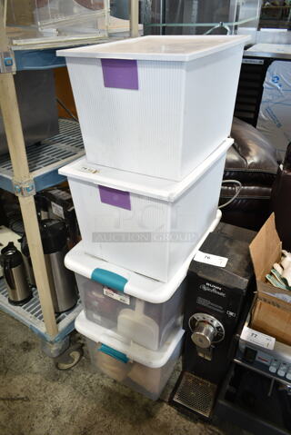 4 Poly Bins w/ Contents Including Ceramic Dishes, Poly Bottles. 4 Times Your Bid! 