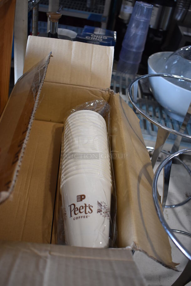 ALL ONE MONEY! Lot of Items on Tabletop Including Chafing Dish Frames, Metal Dome Lids, Glasses and Wooden Boxes. - Image 9 of 12