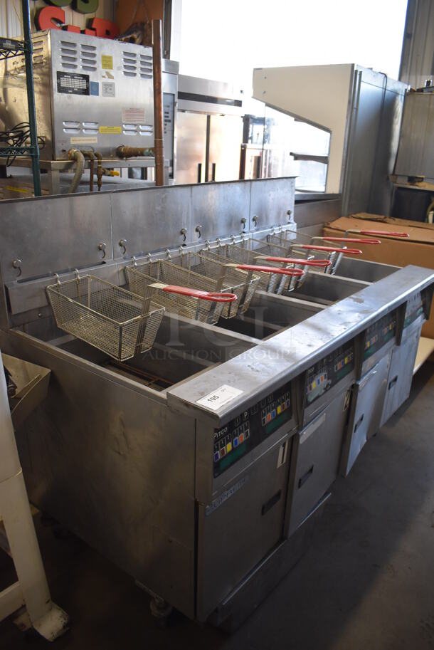 2014 Pitco Frialator Model SSH60 ENERGY STAR Stainless Steel Commercial 4 Bay Natural Gas Powered Deep Fat Fryer w/ 6 Metal Fry Baskets and Filtration System on Commercial Casters. 80,000 BTU. 62.5x35x49 - Image 6 of 12