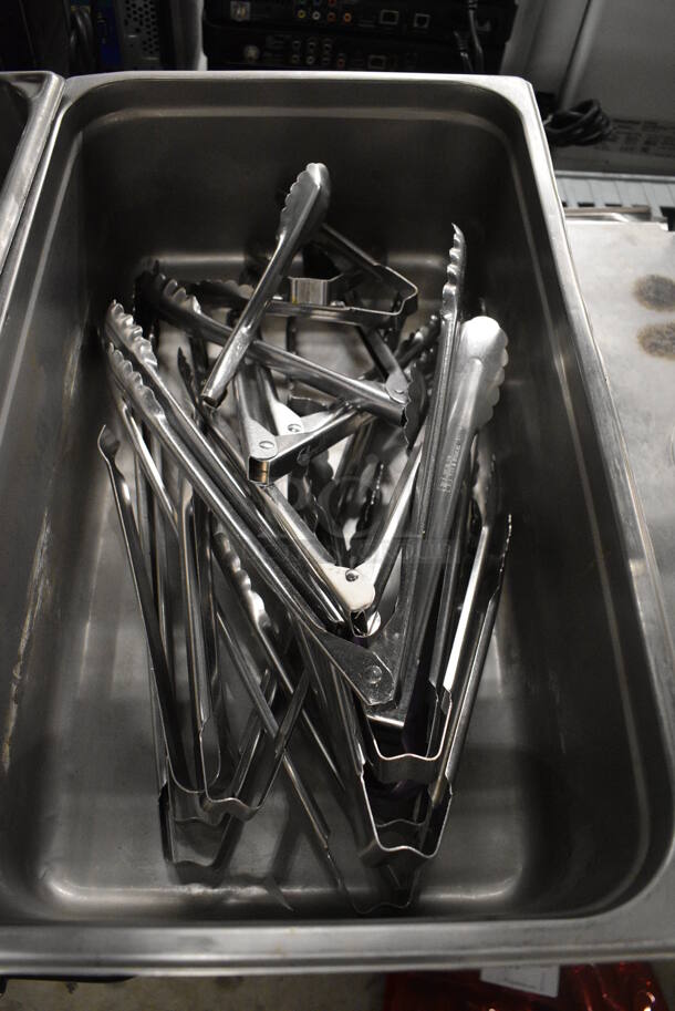 ALL ONE MONEY! Lot of Various Metal Tongs in Stainless Steel Bin! 13x21x6