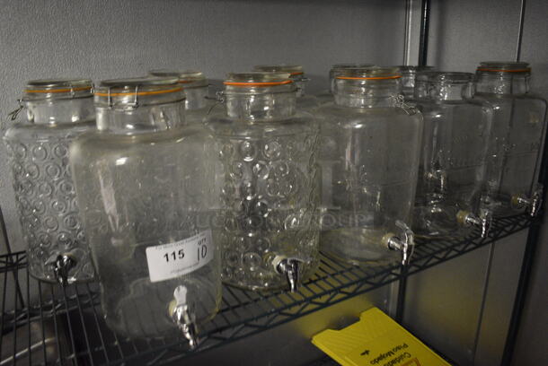 10 Glass Beverage Jar Dispensers. Missing 2 Lids. 8x10x15. 10 Times Your Bid! (kitchen)